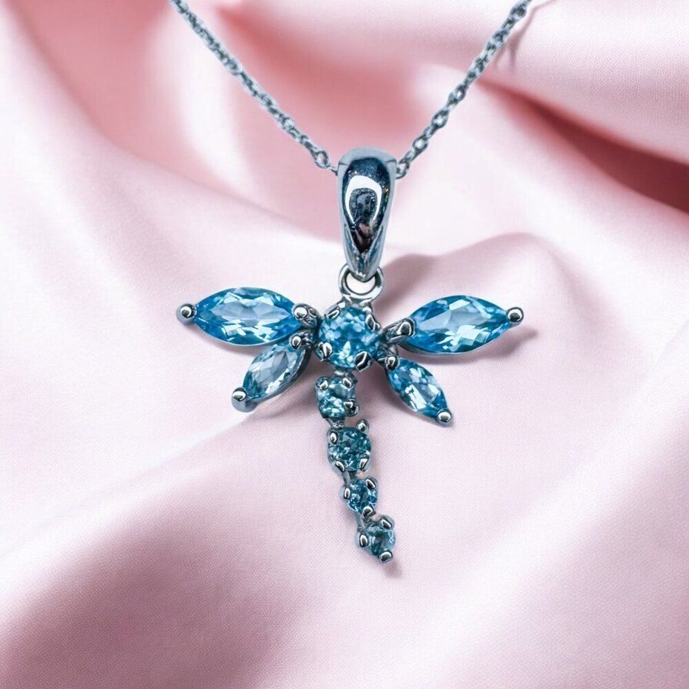 10K Gold- Blue Topaz Necklace -18"- 1cttw- Dragonfly Necklace -White Gold -1.5g